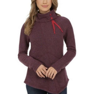Prana Mattea Sweater Funnel Neck Chevron Wool Blend plum asymmetrical hem NWT